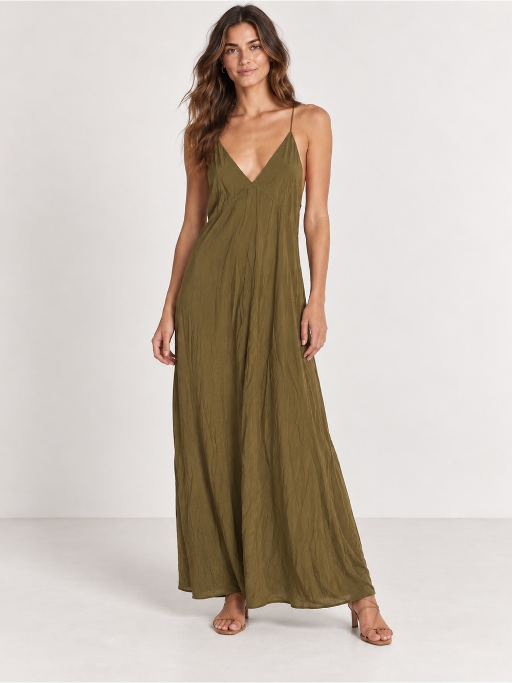 Zara Olive Green Slip Jumpsuit with Spaghetti Straps